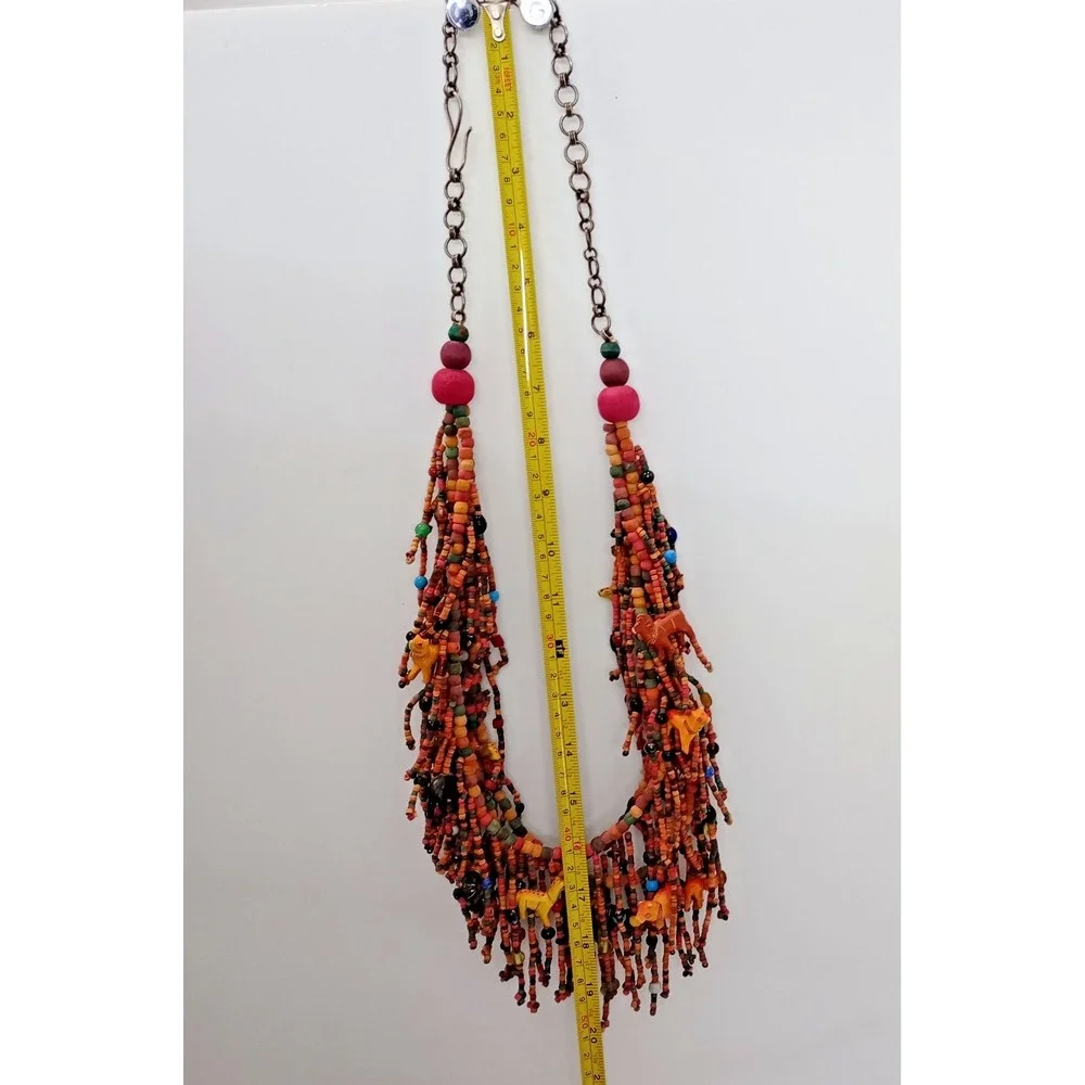 African Trade Bead Necklace Multi Strand Wood Animal Fringe Statement